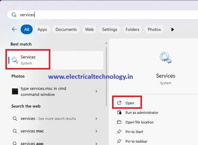 services window in search bar in pc