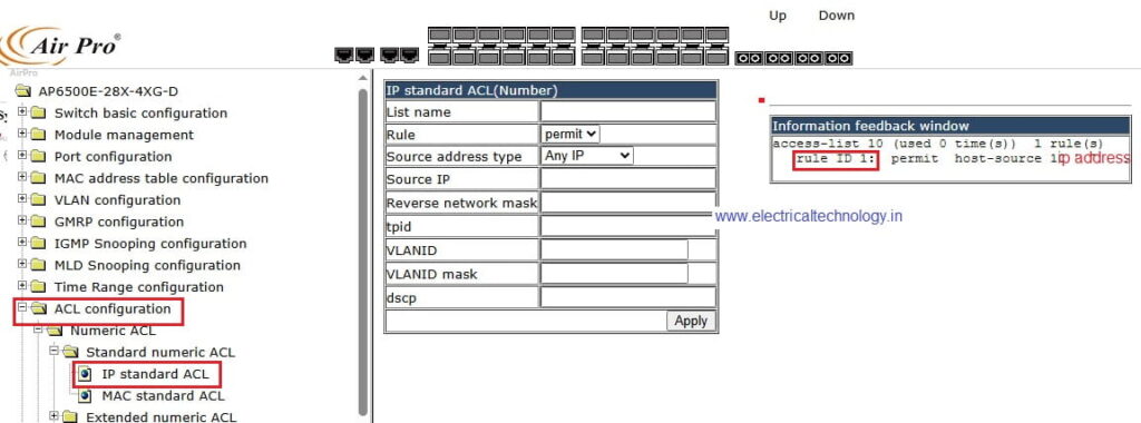 airpro 4500 switch snmp configuration-access list acl  server ip address