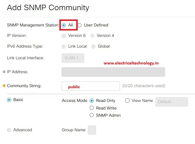 cisco cbs 350 add snmp community settings
